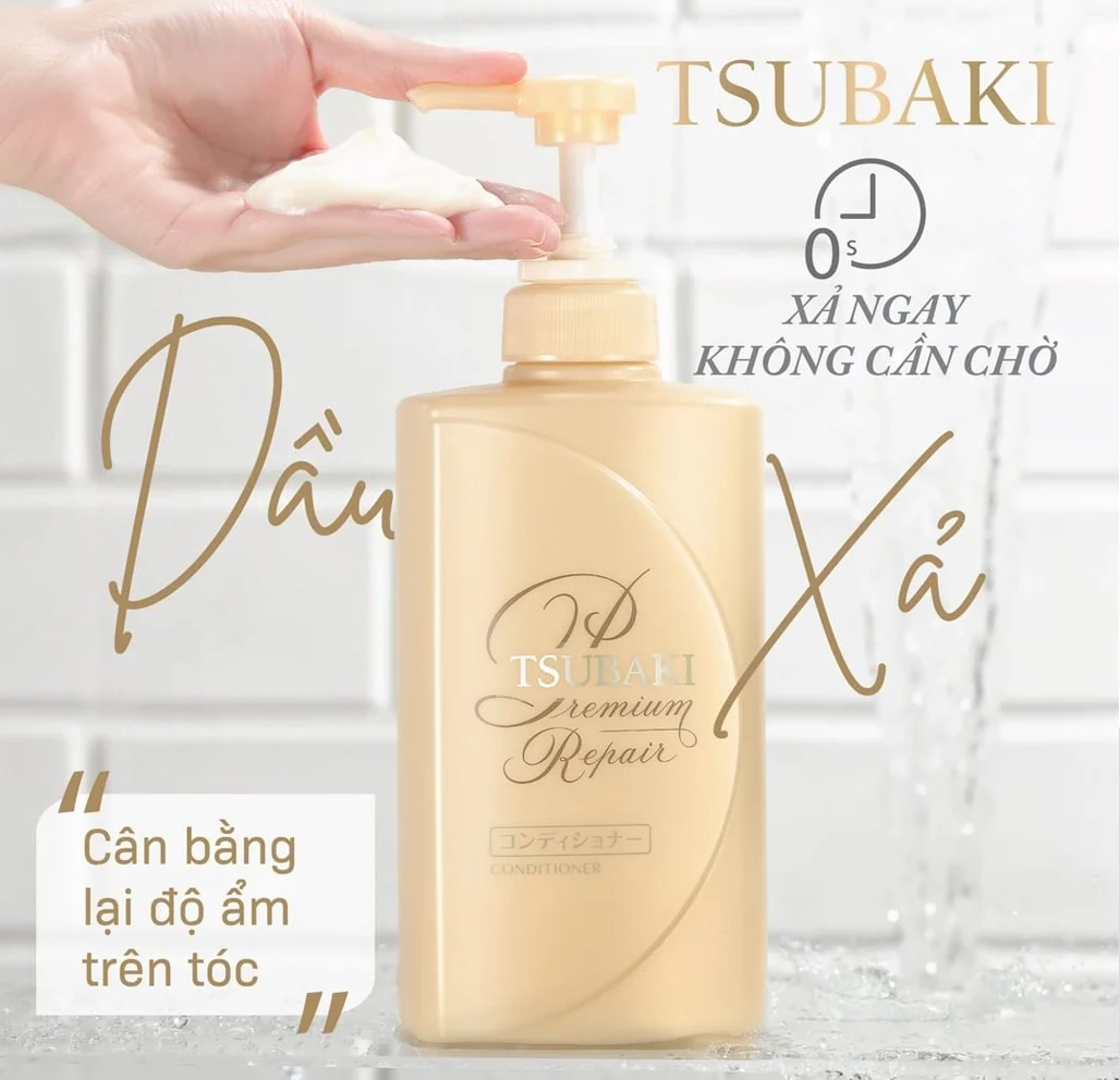 Dầu xả Tsubaki Premium Repair ngăn ngừa rụng tóc chai 490ml – màu vàng